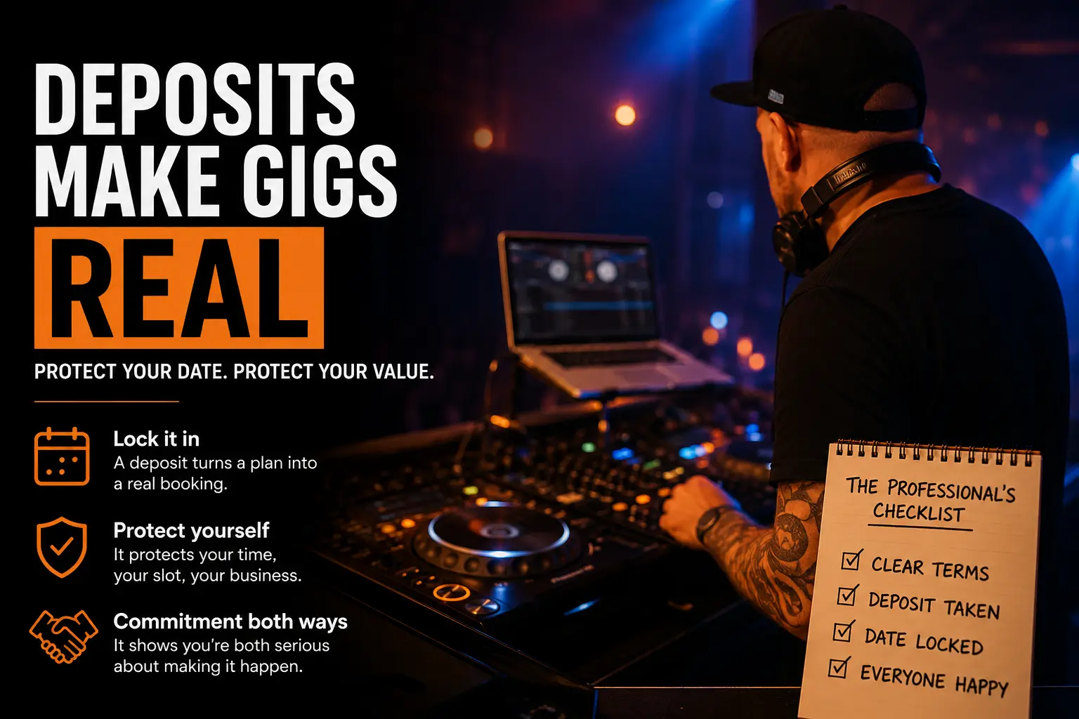 Close-up of hands exchanging cash and a signed contract on a DJ booth