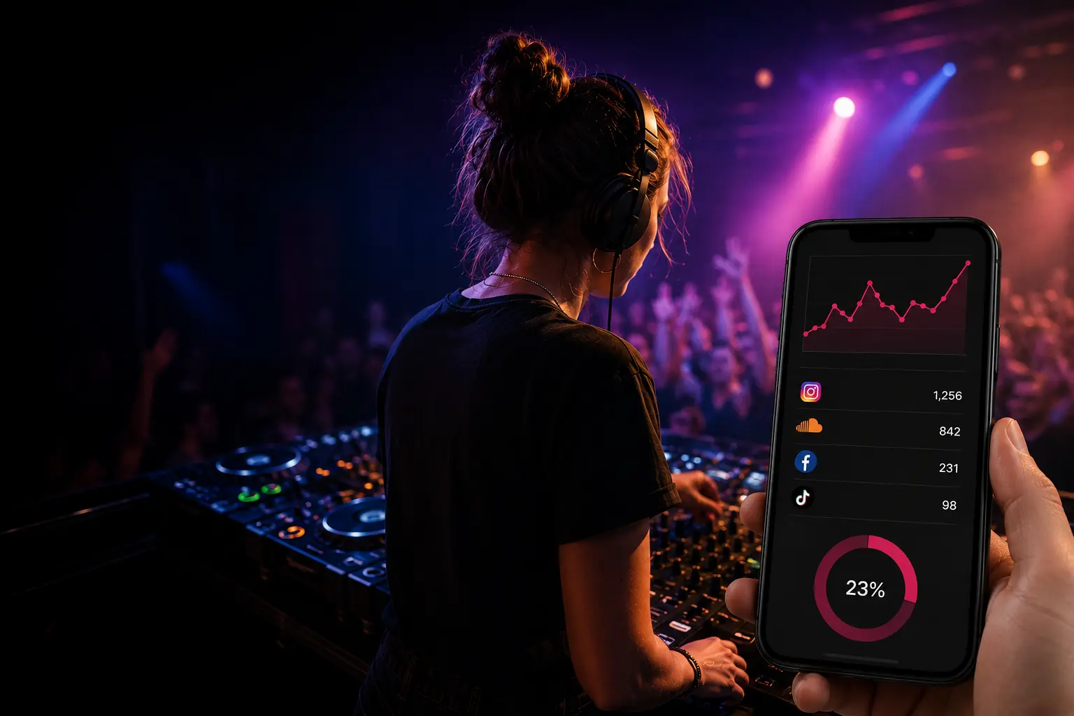 DJ performing while checking laptop analytics and music tracks