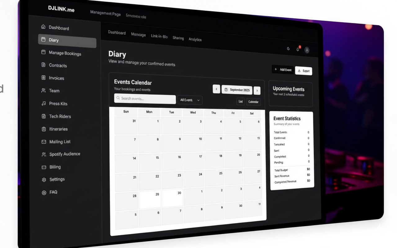 DJ Diary Management Interface - Live booking calendar and enquiry system