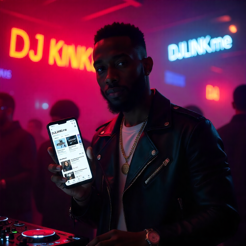 DJ link-in-bio page showing booking system integration and promotional features