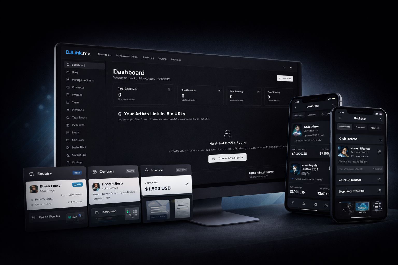 DJLink.me platform - agency dashboard, bookings, and link-in-bio across desktop and mobile