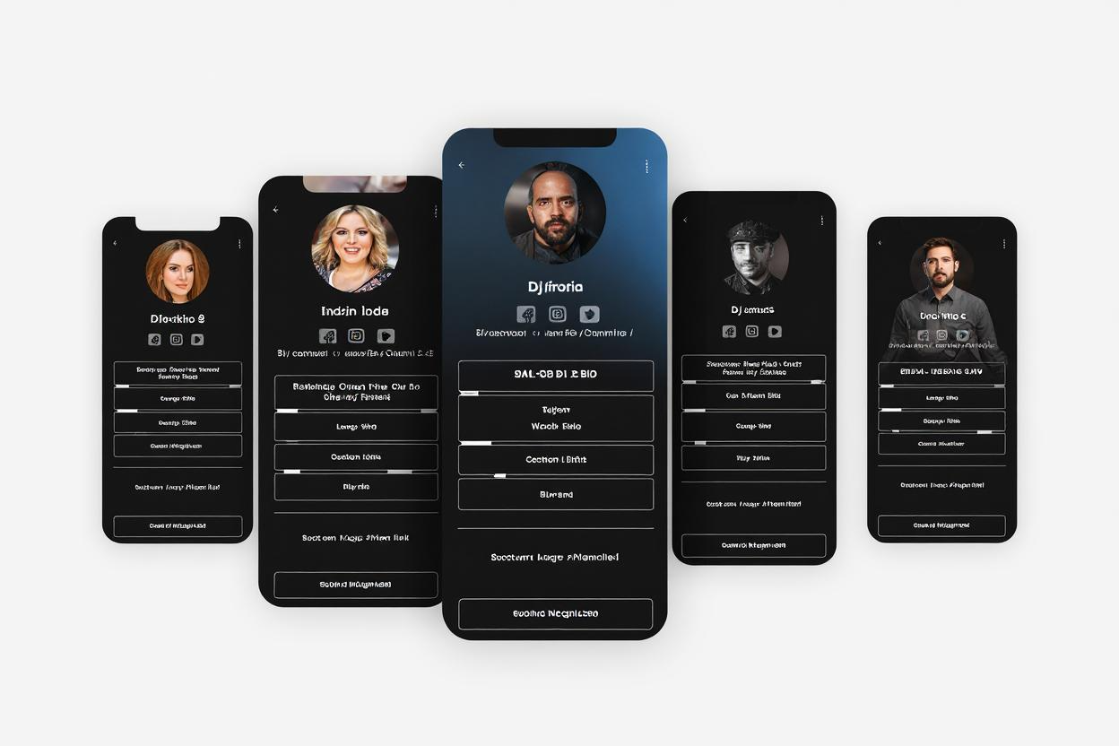 DJ holding mobile phone with link-in-bio page showing booking system connection